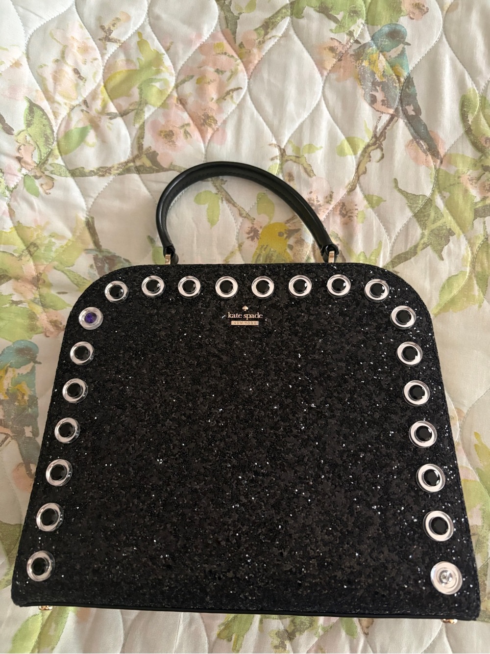 Rare Kate Spade Skyline Way Violina Black Glitter Grommet Satchel Holiday Glam - Picture 3 of 12